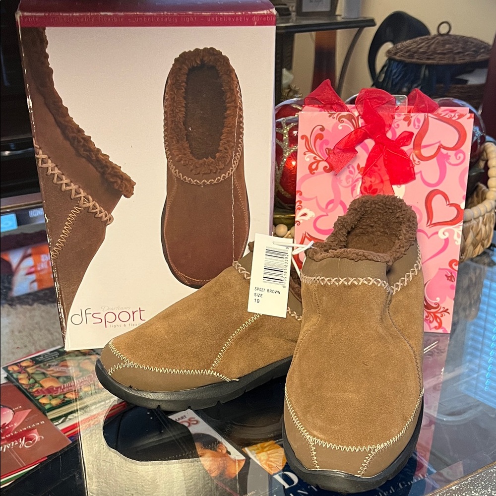 Dearfoams dfsport Brown Suede Indoor/Outdoor Slipper with Butter Soft Lining